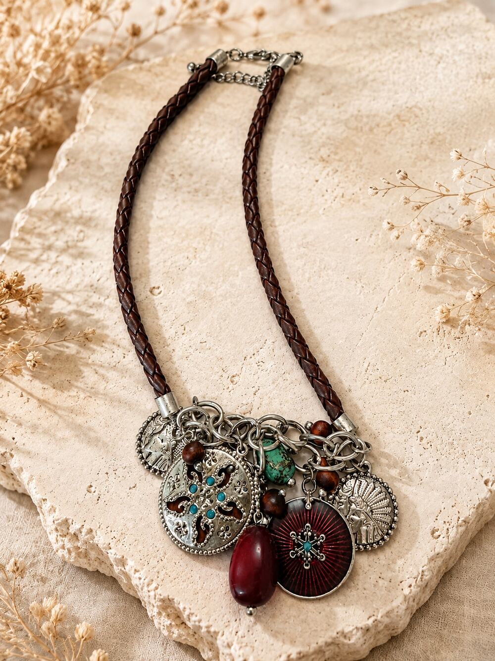 Vintage Boho Western Charm Necklace Leather Cord Coin Red Enamel Turquoise